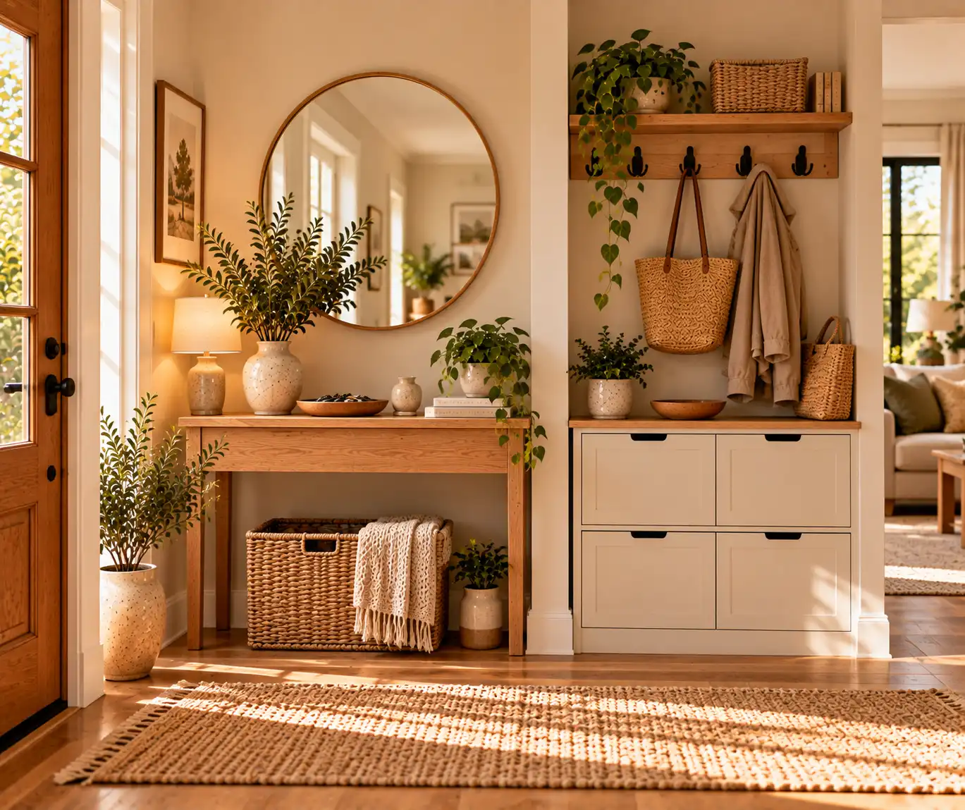 Organized entryway with a simple drop zone for keys, shoes, bags, and coats.