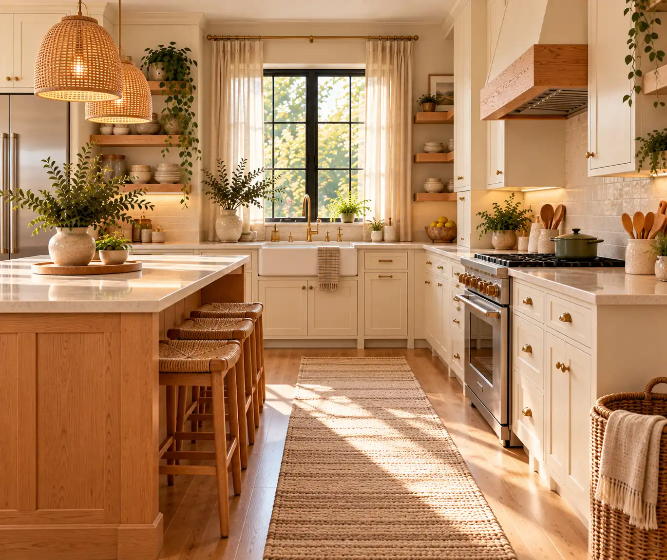 Cozy modern kitchen with a neutral runner, natural wood, and soft textures.