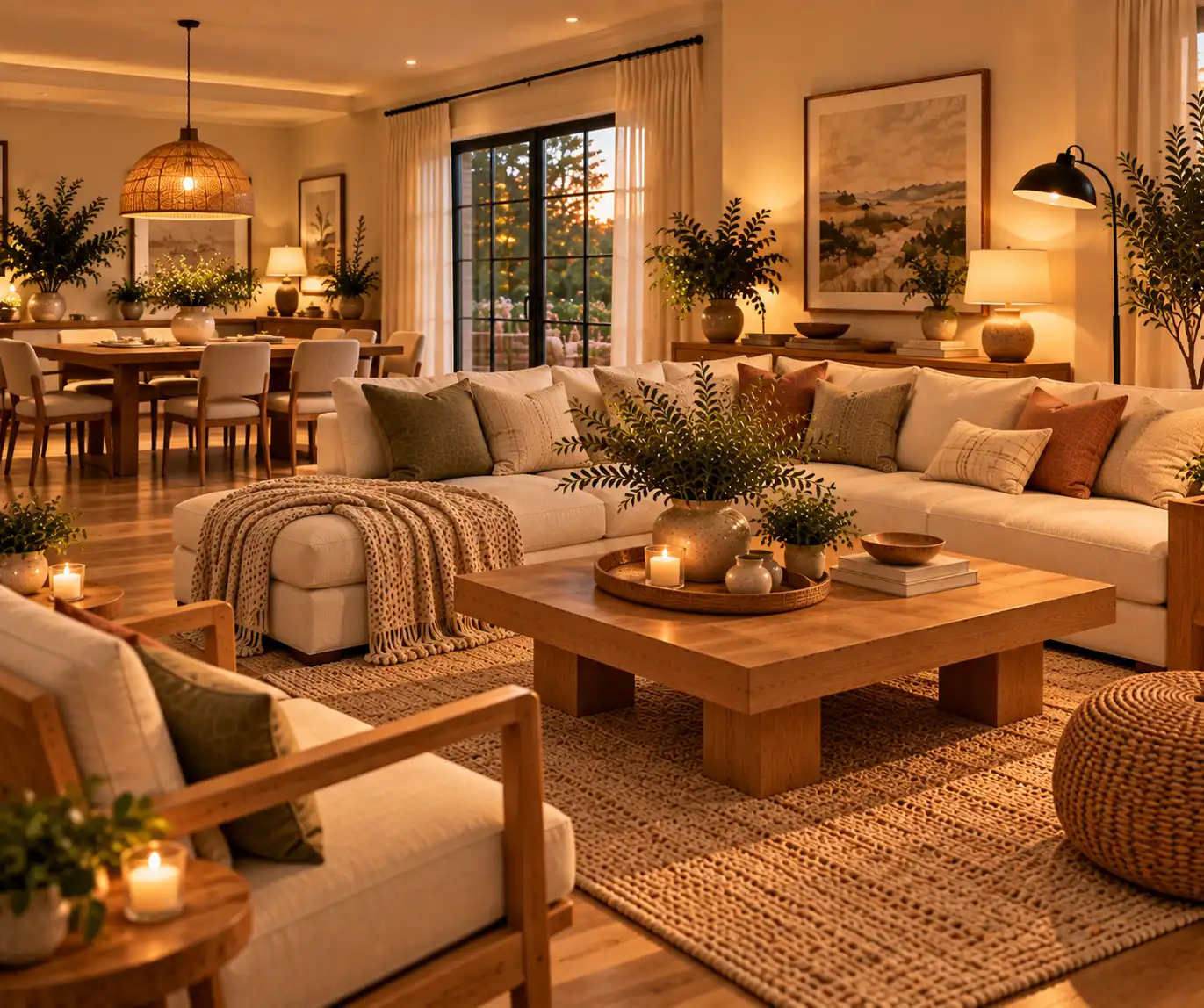 Modern home with layered lighting from pendant, floor, and table lamps.