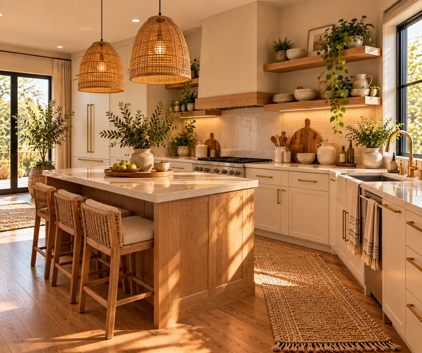 Modern cozy kitchen combining clean cabinetry with warm natural decor