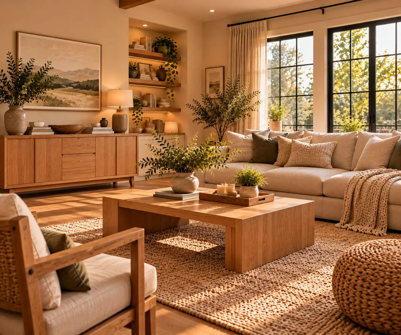 Modern living room with natural oak furniture and warm neutral decor