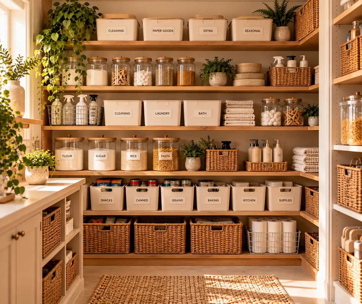 Neatly labeled storage bins organizing household supplies on open shelves
