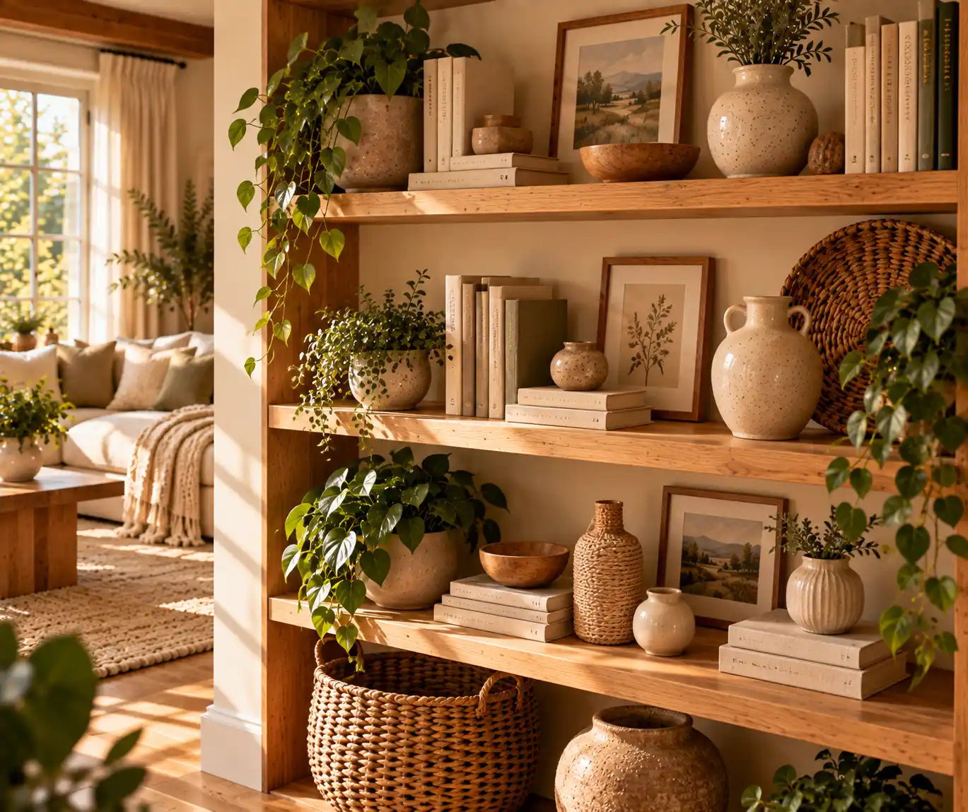 Open wooden shelves styled with books, ceramics, greenery, and neutral decor