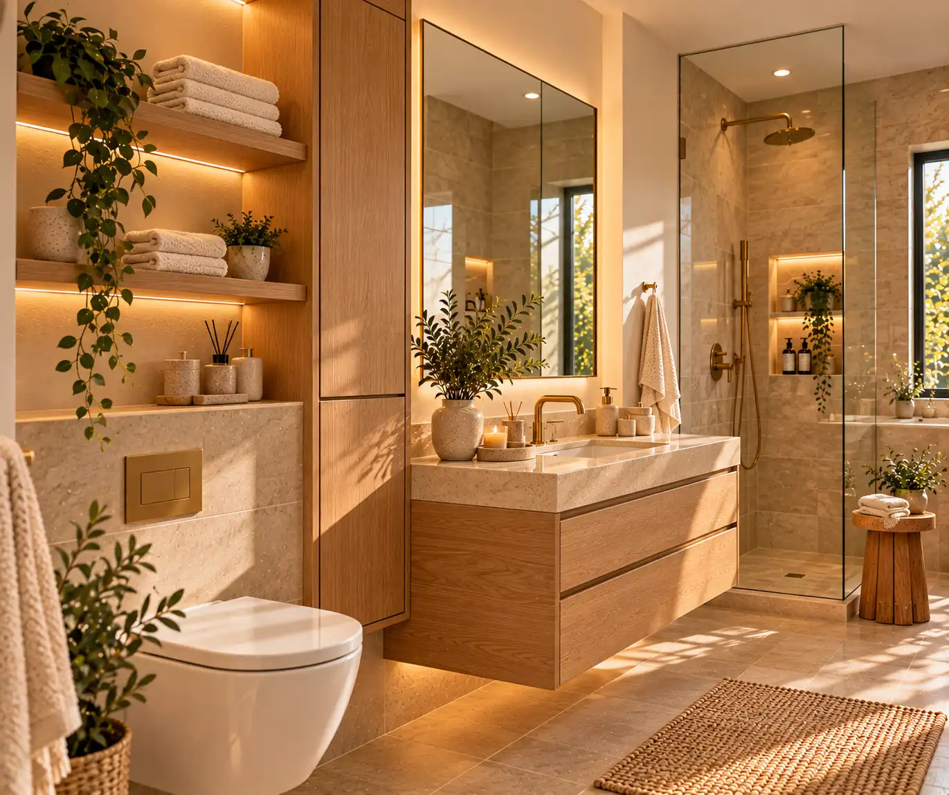 Small bathroom with hidden vanity storage, floating shelves, and a large mirror