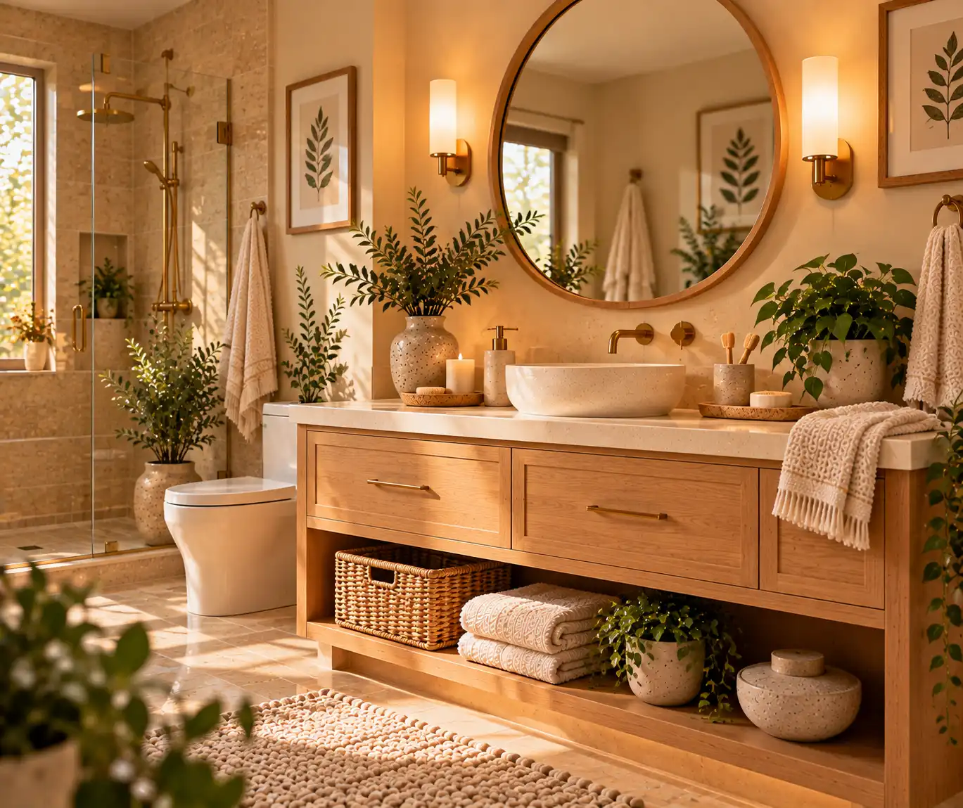 Cozy bathroom with natural wood, botanical artwork, ceramic decor, greenery, and soft towels.