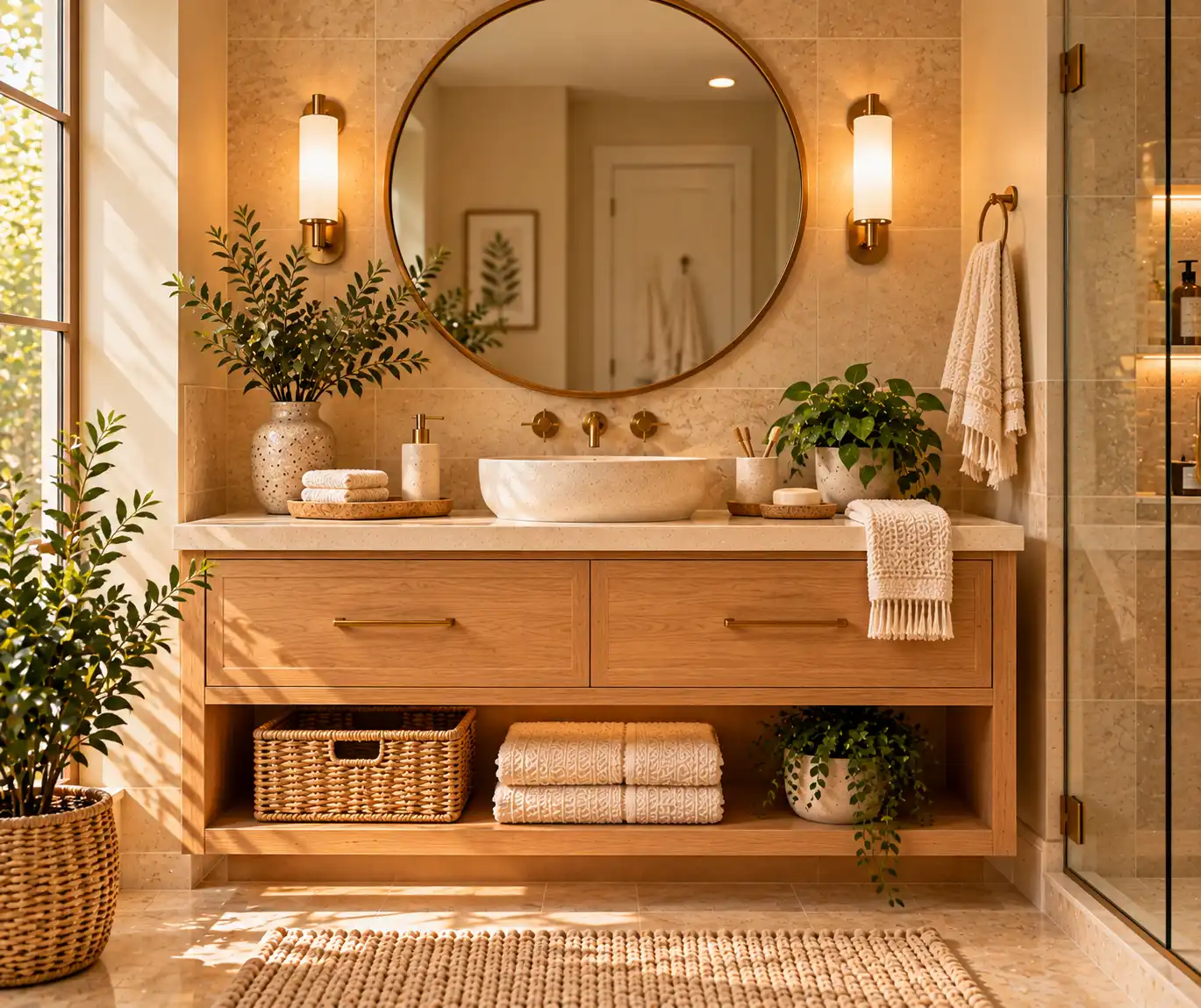 Clean and cozy bathroom vanity with natural wood, simple decor, and organized essentials.