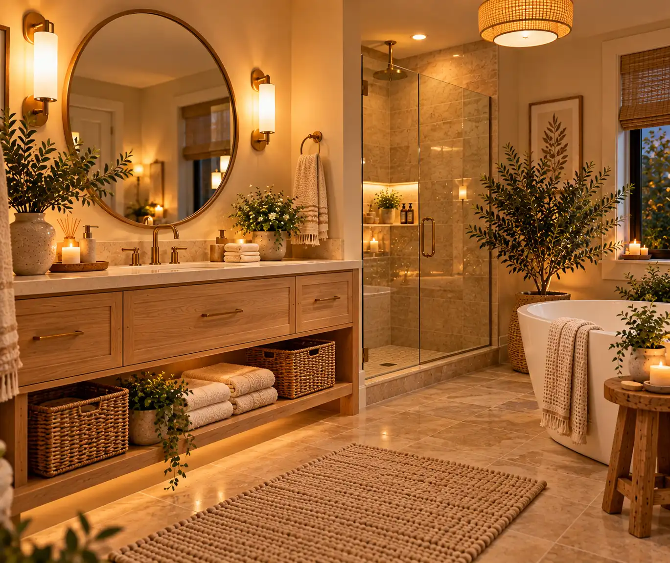 Cozy bathroom with warm layered lighting around the mirror and vanity.