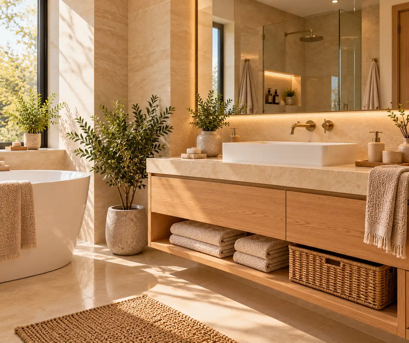 Modern bathroom with a small green plant, natural wood vanity, and neutral decor