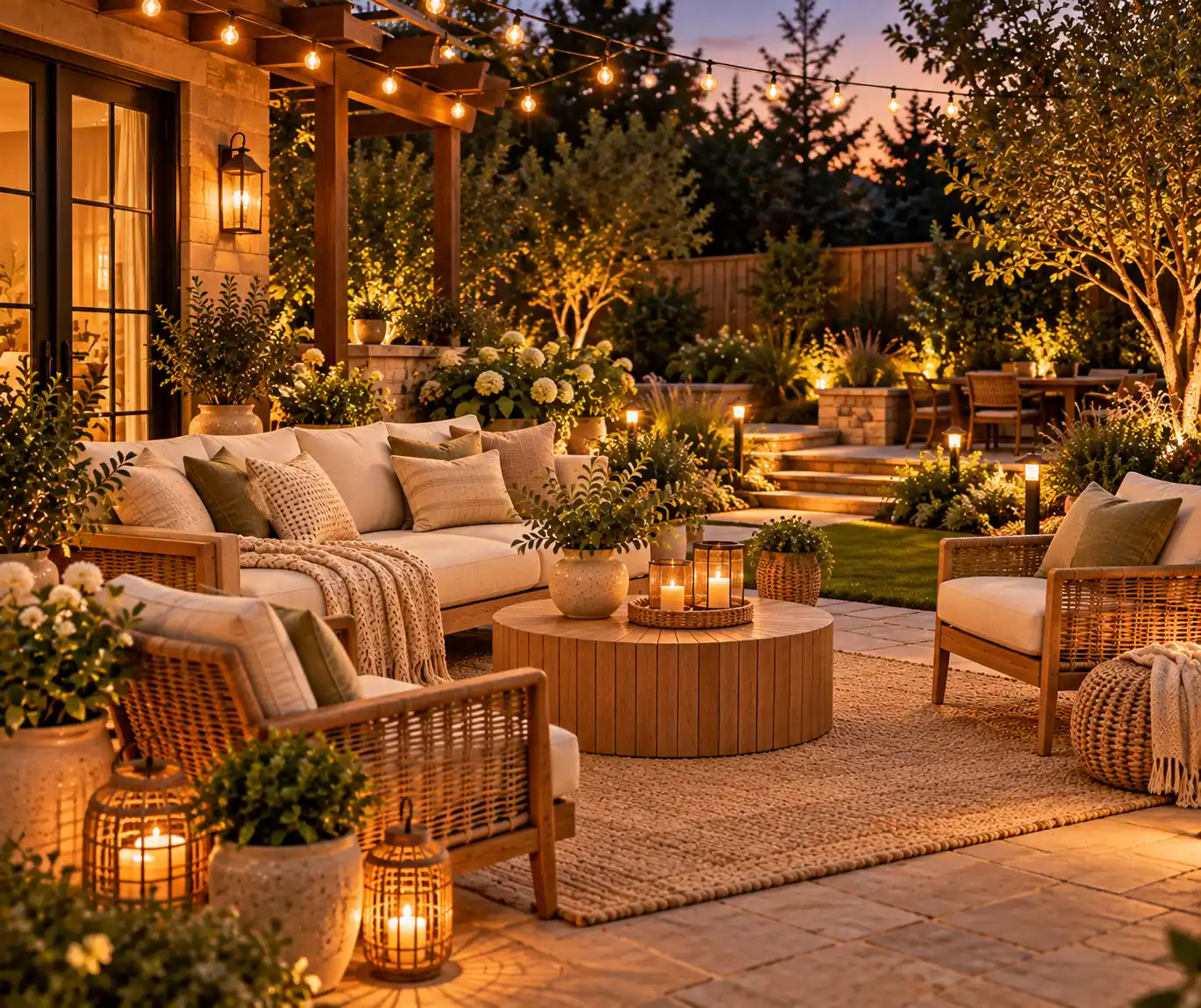 Cozy backyard illuminated with warm string lights, lanterns, and subtle garden lighting.