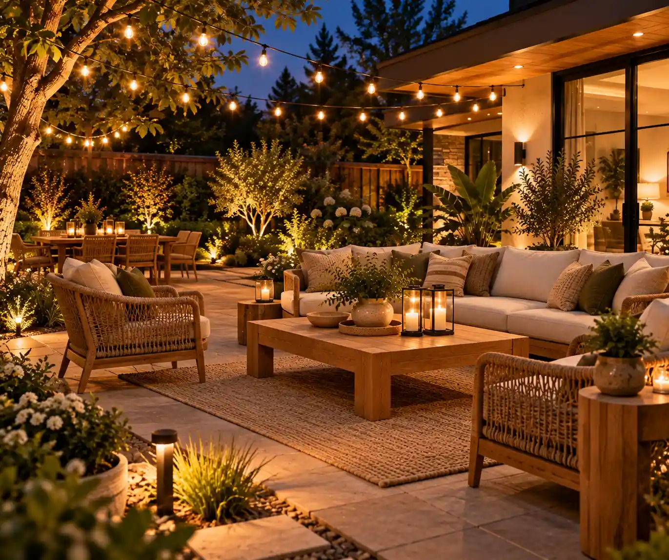 Backyard with warm string lights, lanterns, and cozy outdoor seating