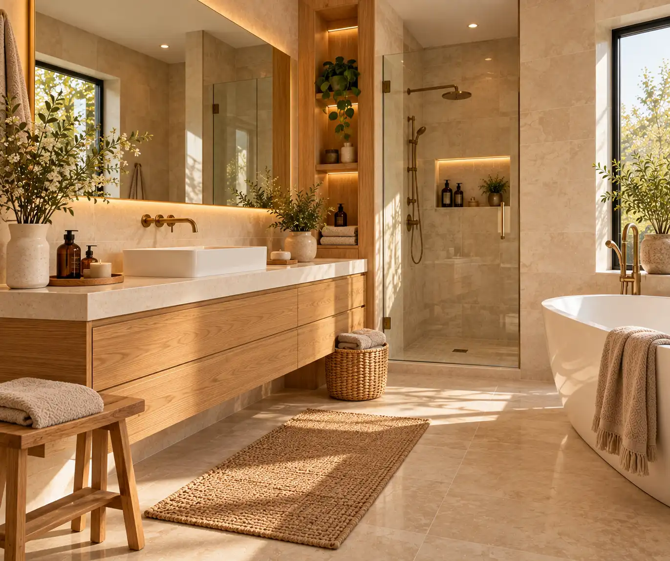 Modern bathroom featuring a warm natural oak vanity and wooden accents