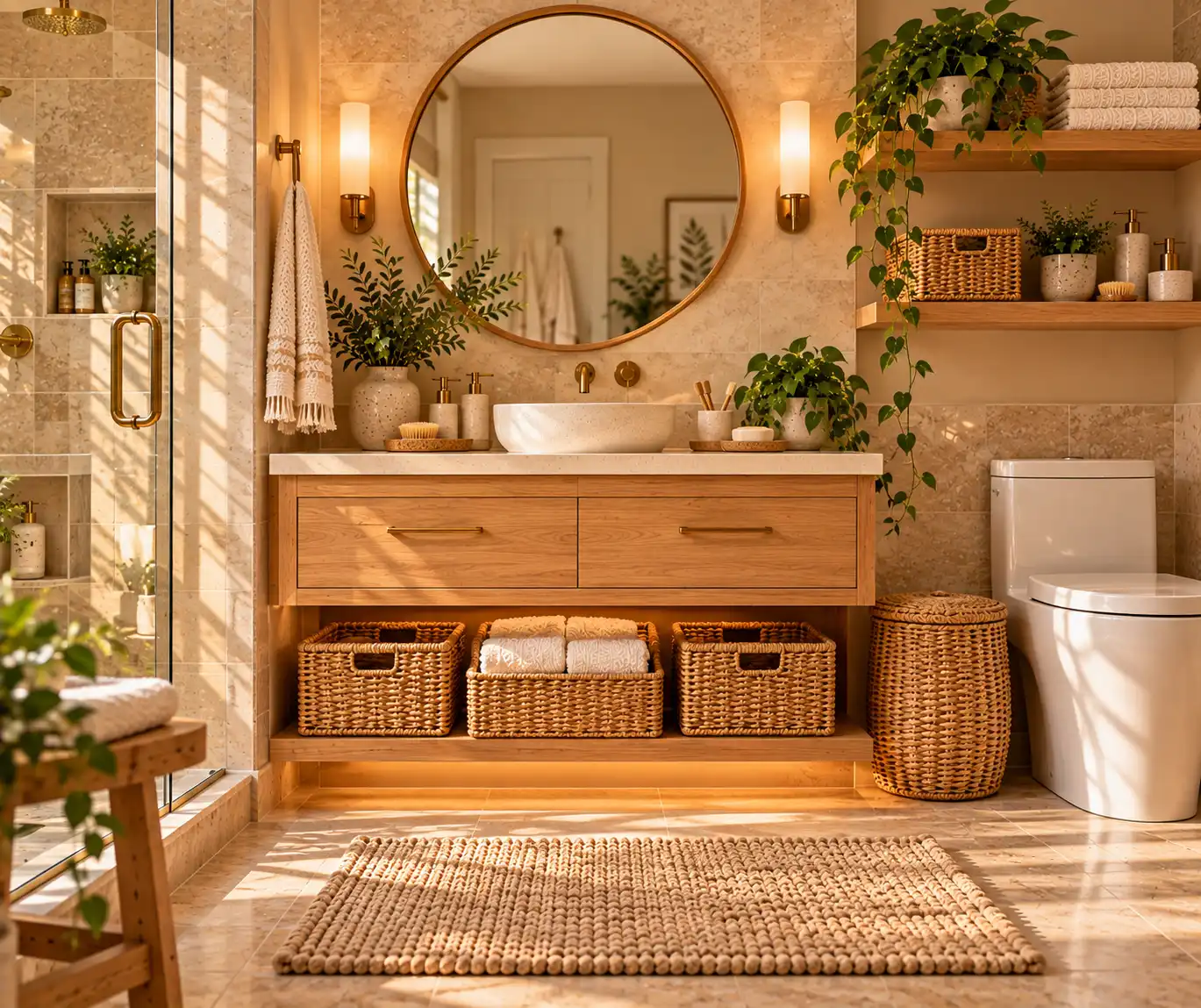 Woven baskets providing practical and stylish storage in a cozy bathroom.