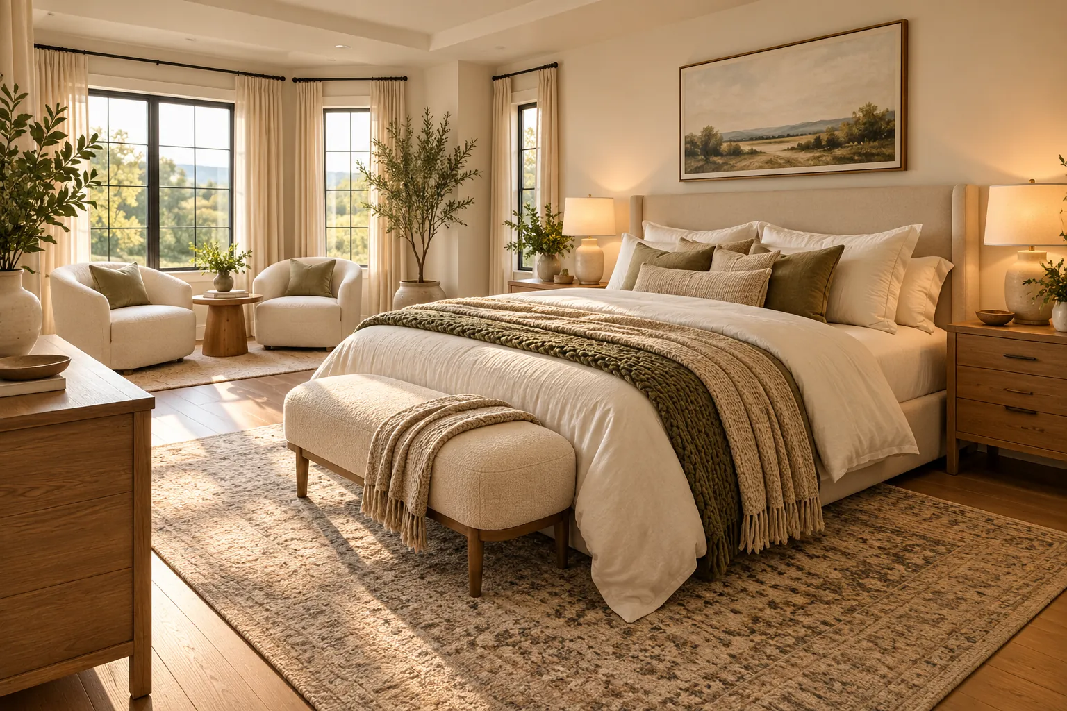 Spacious cozy couple's bedroom with cream upholstered bed, two boucle accent chairs, round wooden table and warm neutral decor