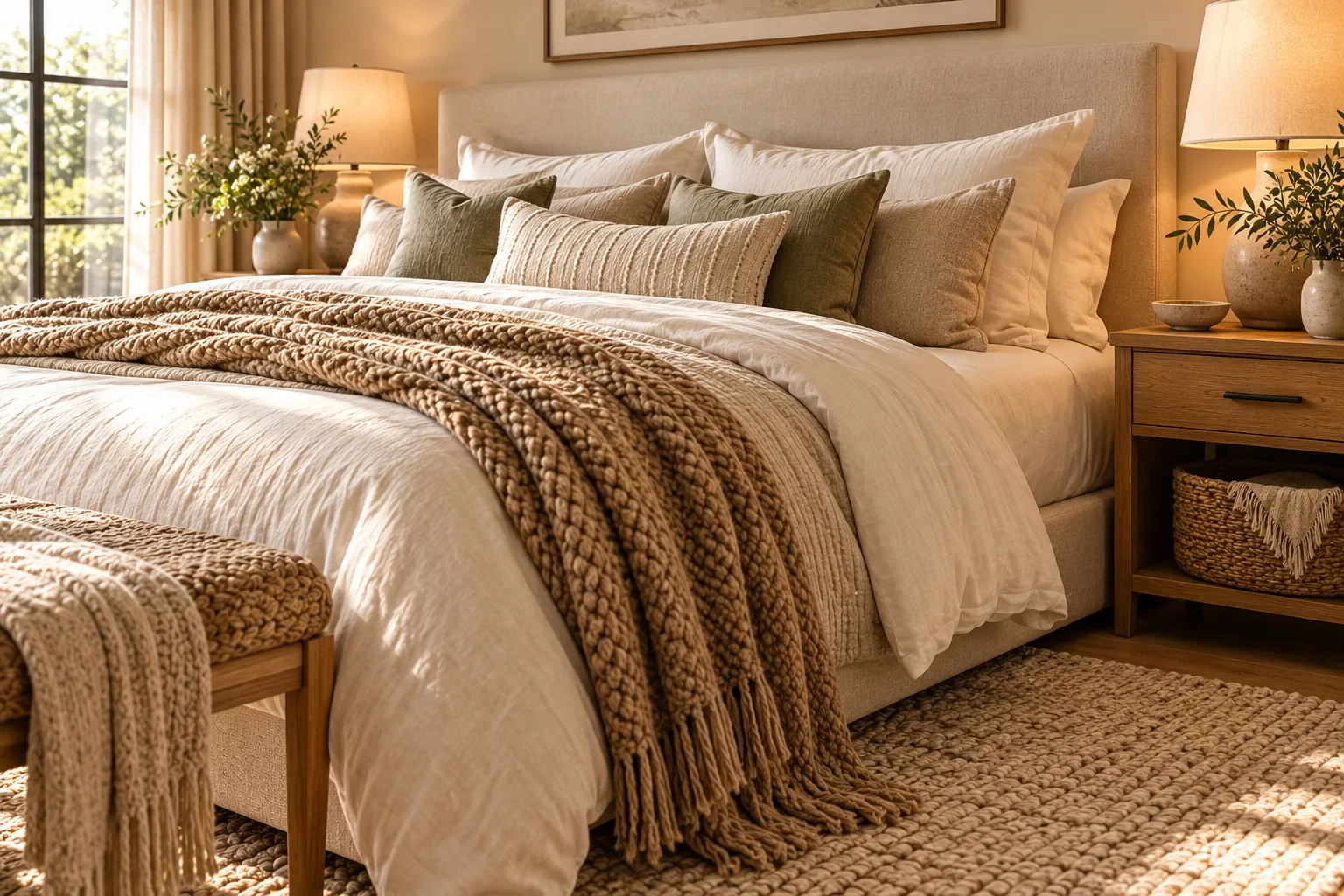 Cozy couples bedroom with cream linen bedding, chunky woven throw, layered neutral pillows and natural oak bedside table