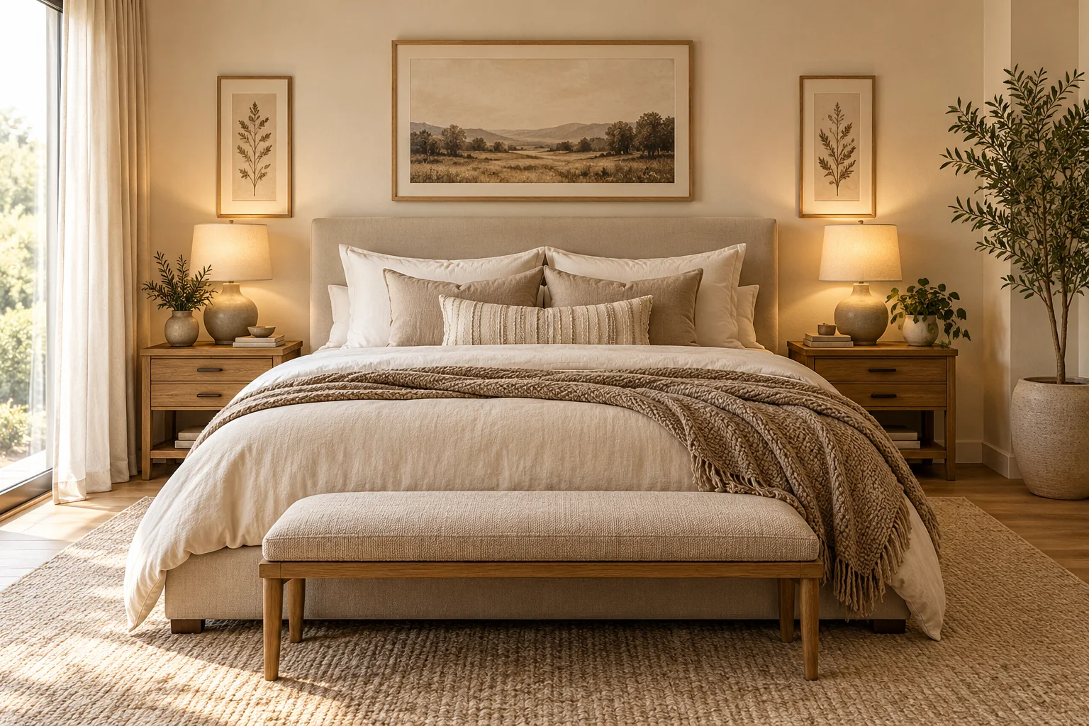 Cozy neutral couple bedroom with upholstered king-size bed, beige bedding and warm oak nightstands