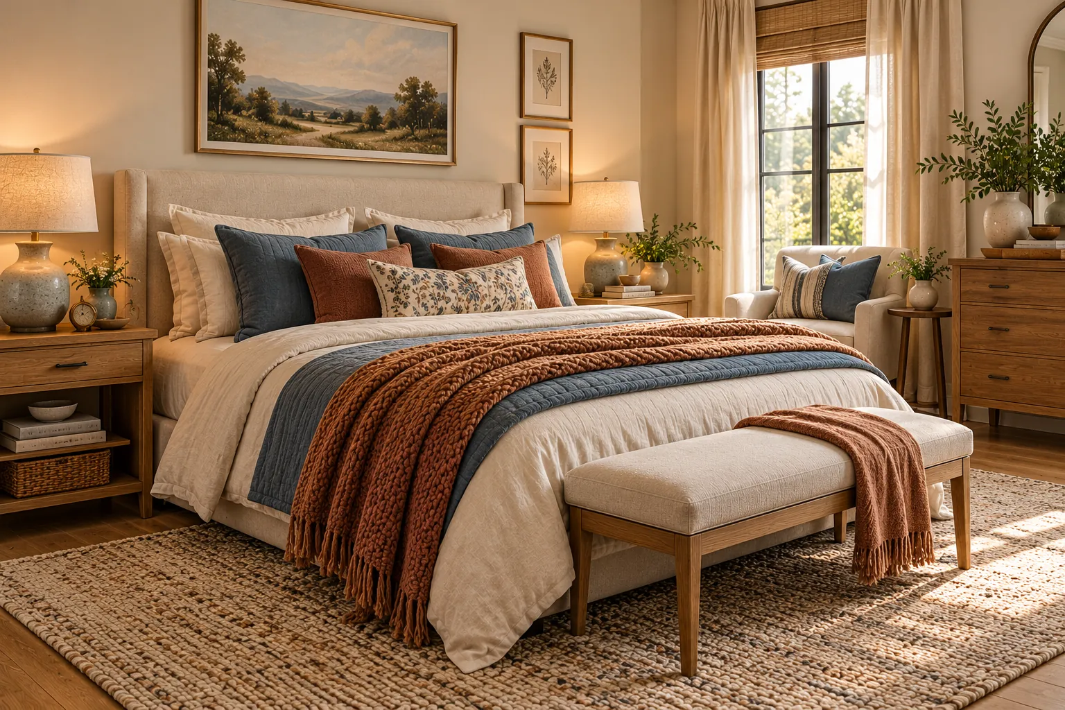Stylish couple's bedroom with cream upholstered bed, blue and terracotta pillows, natural oak furniture and mixed modern vintage decor