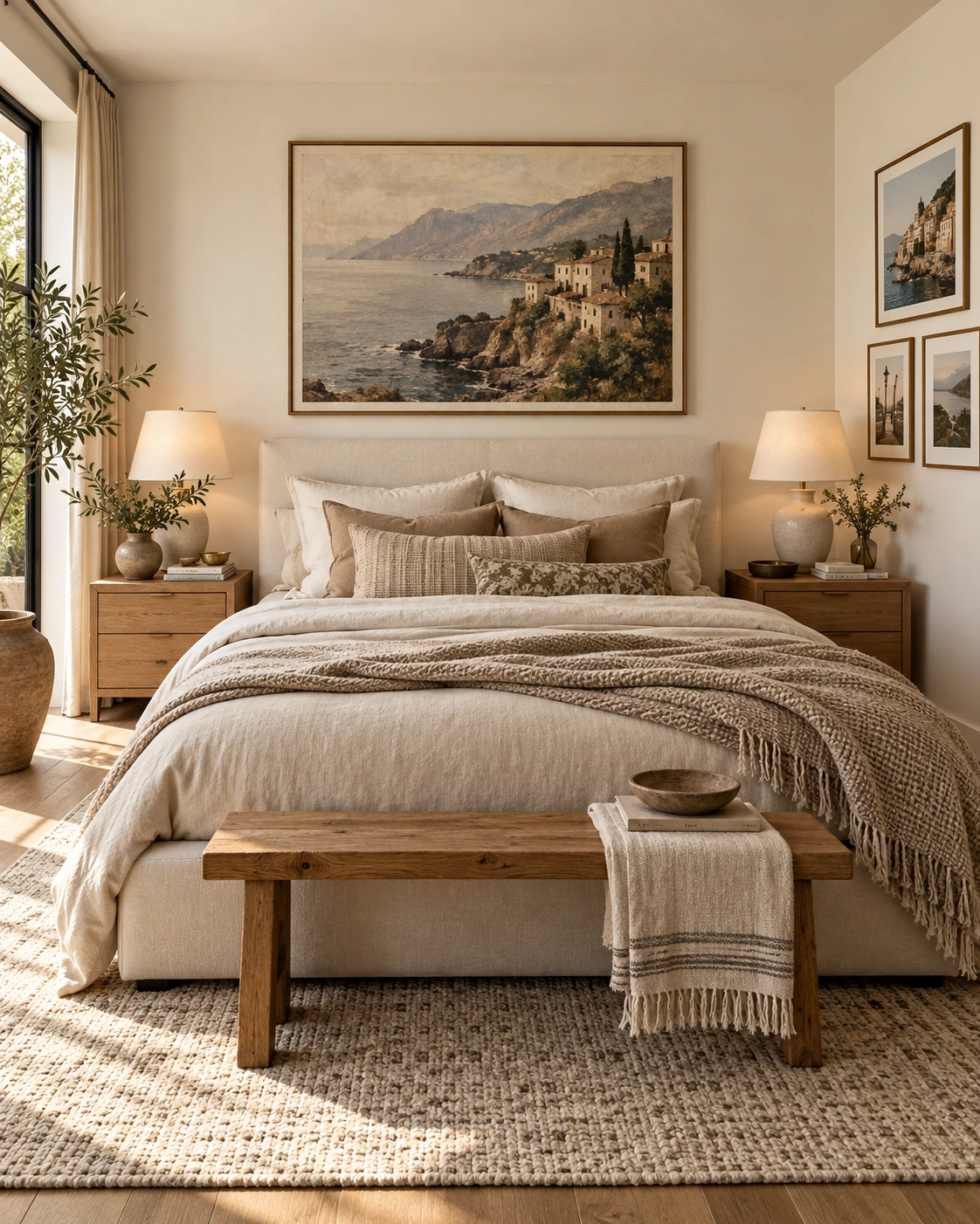 Modern couple bedroom with cream upholstered bed, beige bedding, framed coastal artwork, travel photos, oak nightstands, and ceramic decor.