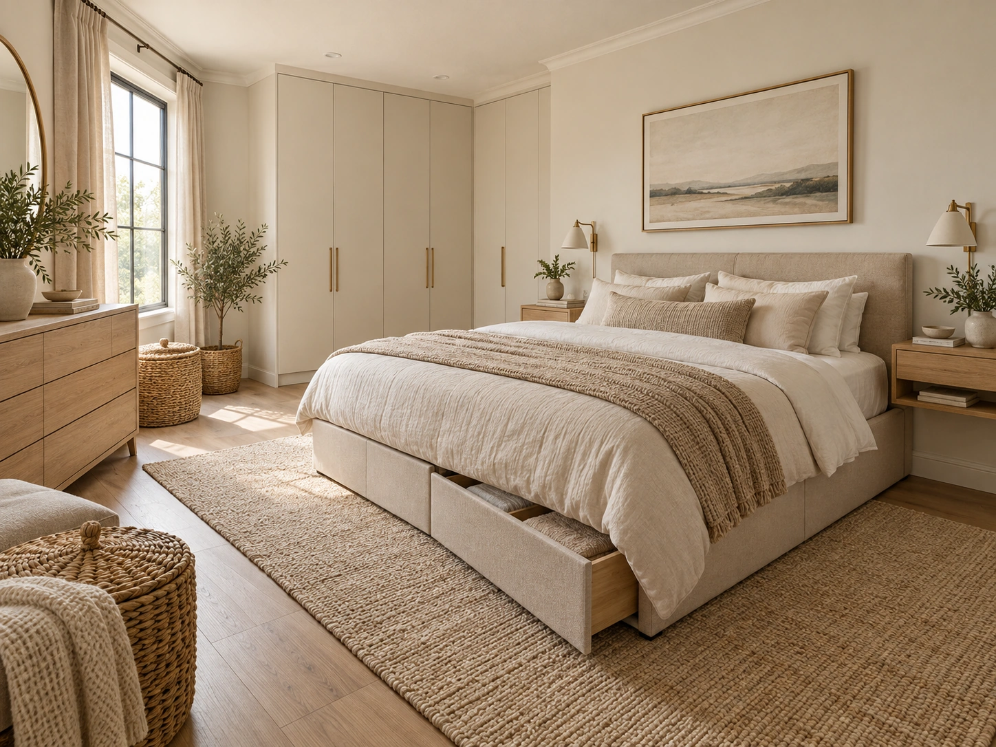 Modern beige couple bedroom with built-in wardrobe, oak dresser, woven baskets, floating bedside shelves, and under-bed storage.