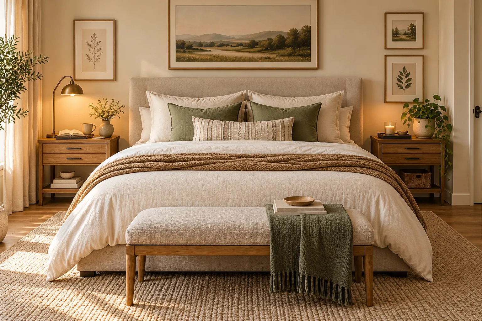 Cozy couple's bedroom with matching wooden nightstands, personalized bedside decor, reading lamp, books and greenery