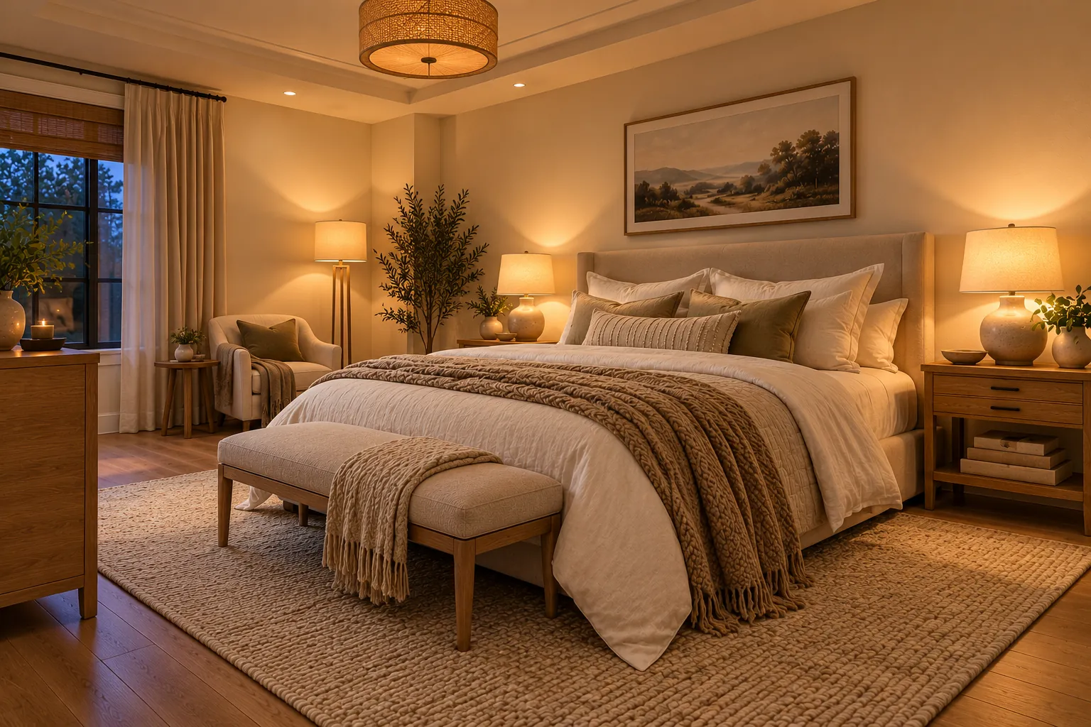 Cozy modern couple's bedroom with warm layered lighting, bedside table lamps, floor lamp, beige upholstered bed and cream bedding