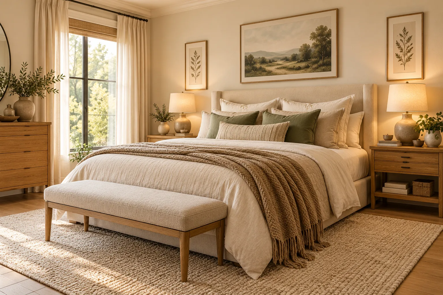 Stylish warm neutral couple bedroom with cream upholstered bed, sage green pillows, beige bedding and natural oak furniture